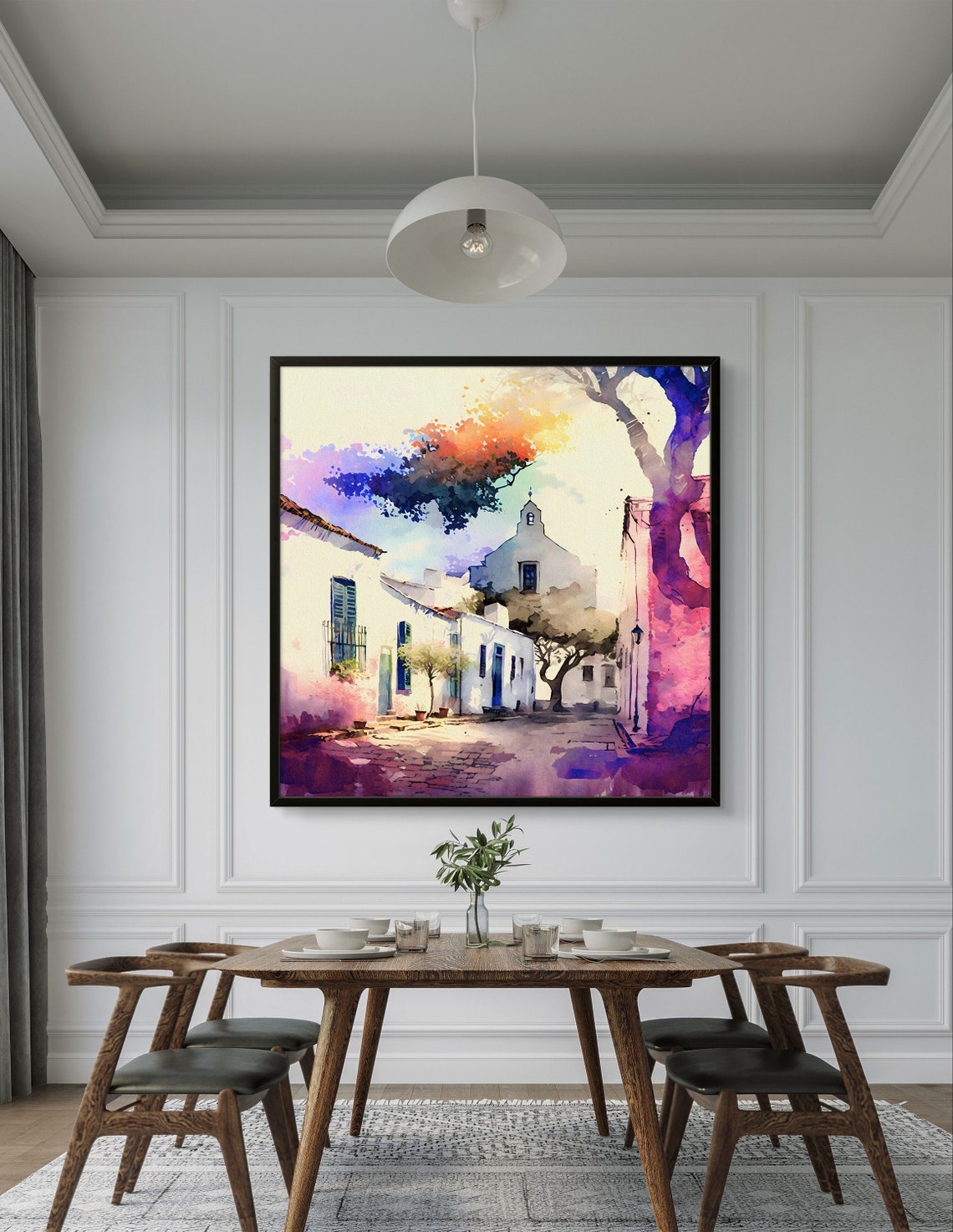 White Colonial Chapel Watercolor Village Street Serene Poster - Image 3