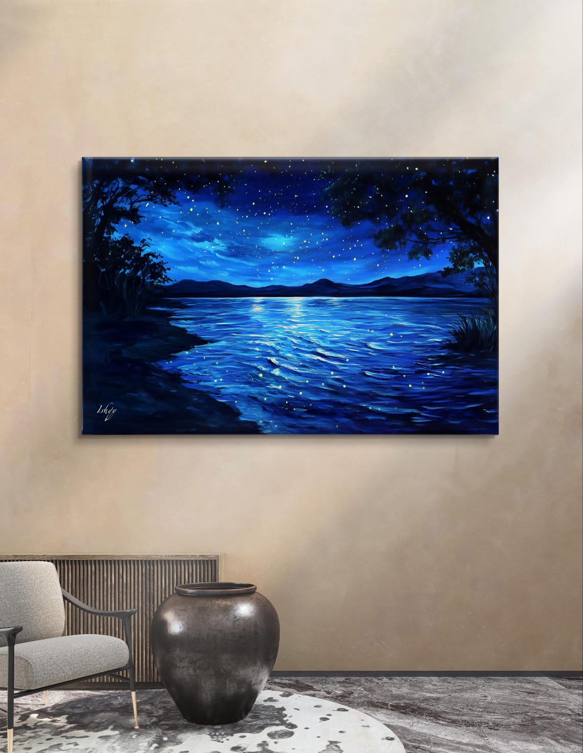 Moonlit Lake Under a Starry Night Sky with Glowing Fireflies Poster - Image 7