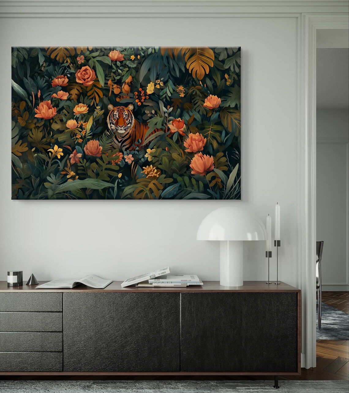 Tiger Peeking Through Dark Floral Jungle Orange Blooms Art Poster - Image 5