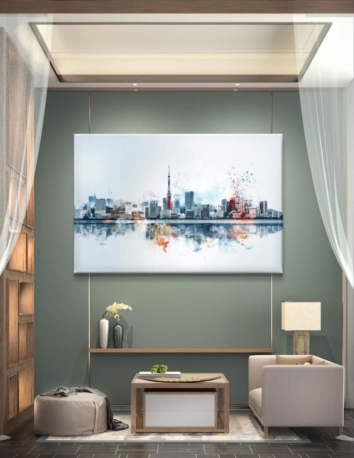 Tokyo Tower Skyline Watercolor Reflection Modern Cityscape Art Poster - Image 4