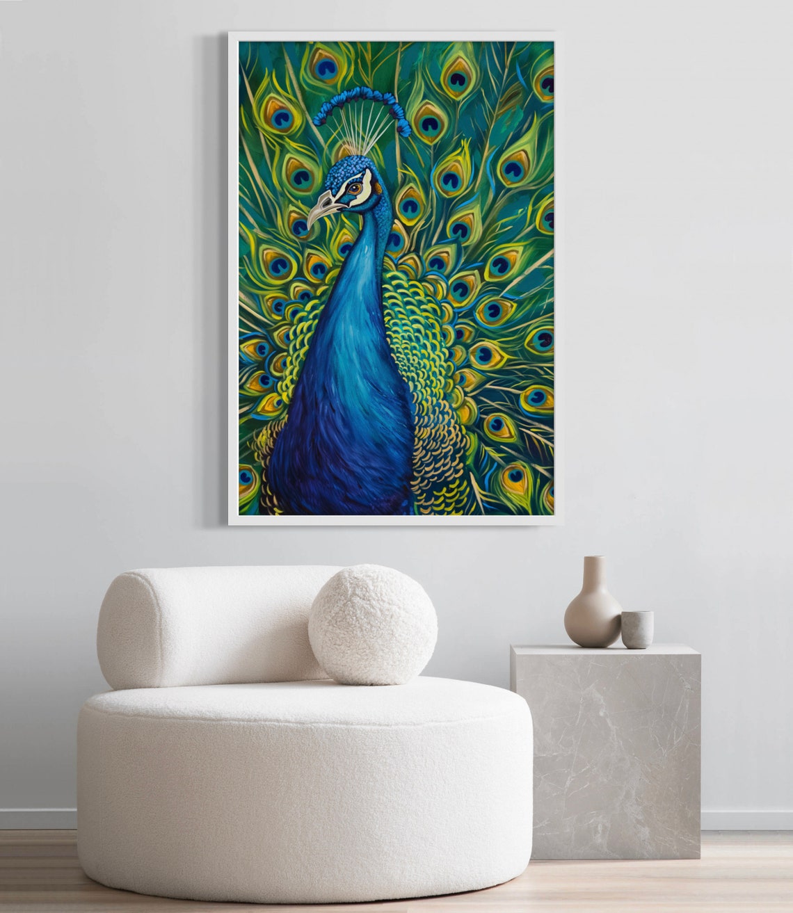 Peacock Portrait with Iridescent Feather Fan Painting Poster - Image 2