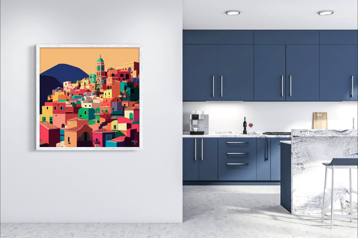 Colorful Mediterranean Hillside Village by the Sea at Dusk Poster - Image 3