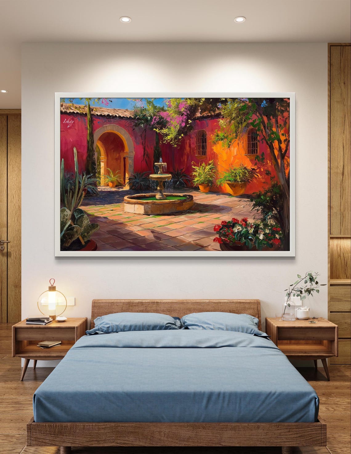 Mexican Courtyard with Fountain and Red Walls Painting Poster - Image 2