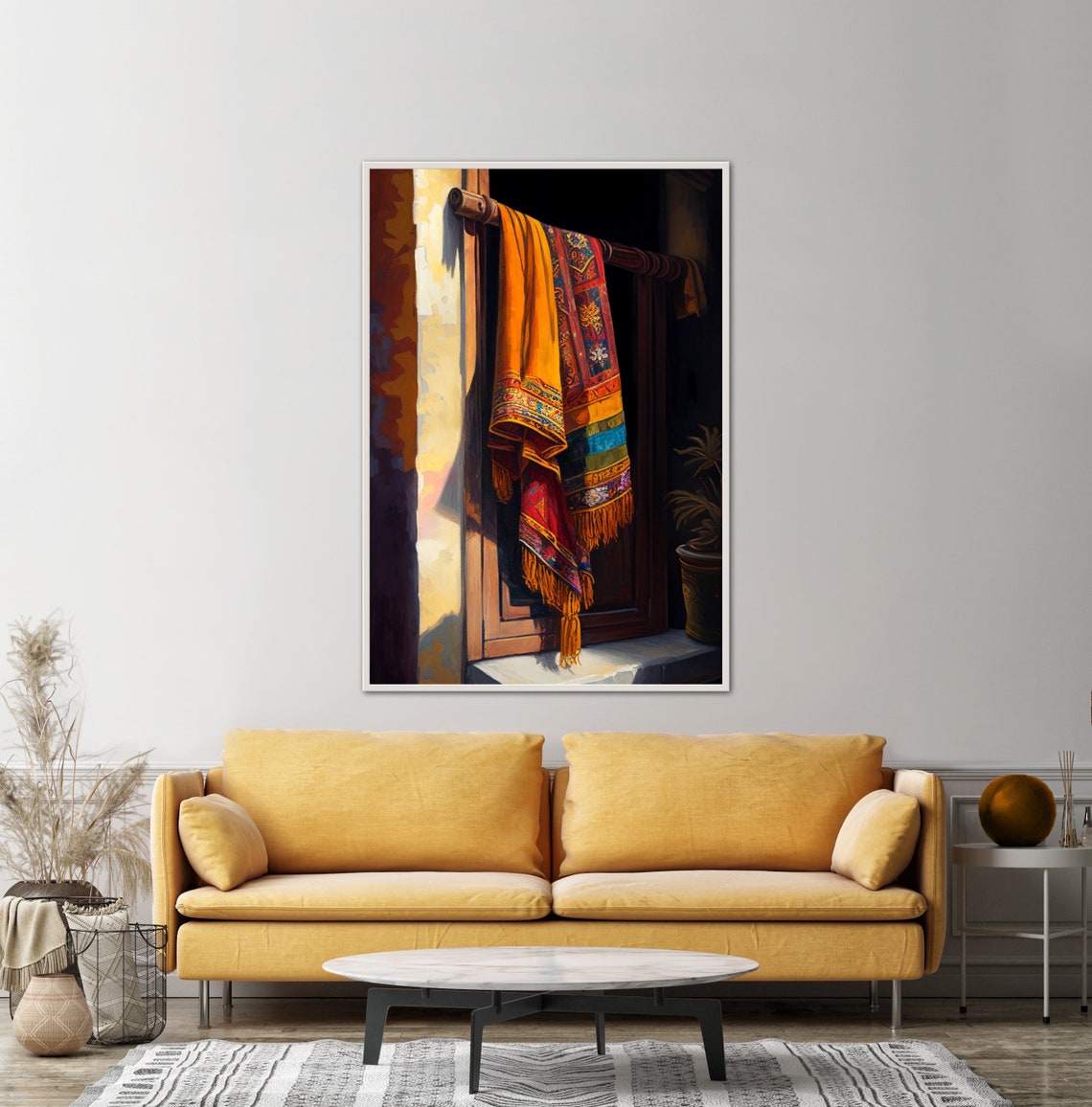 Embroidered Textiles Hanging Beside a Sunlit Wooden Doorway Poster - Image 3