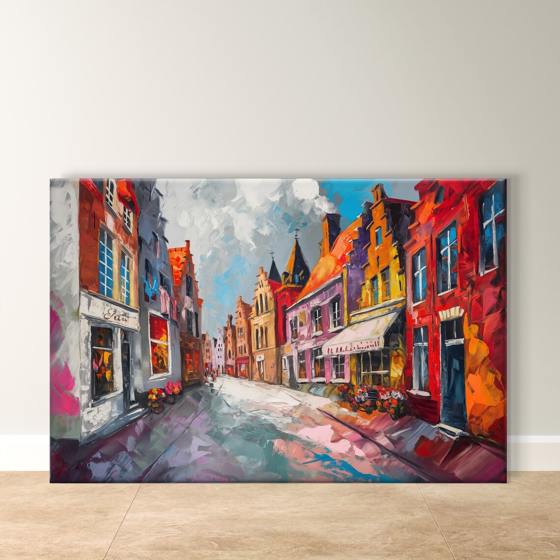 Bruges Old Town Street in Vivid Red and Orange Impressionist Poster