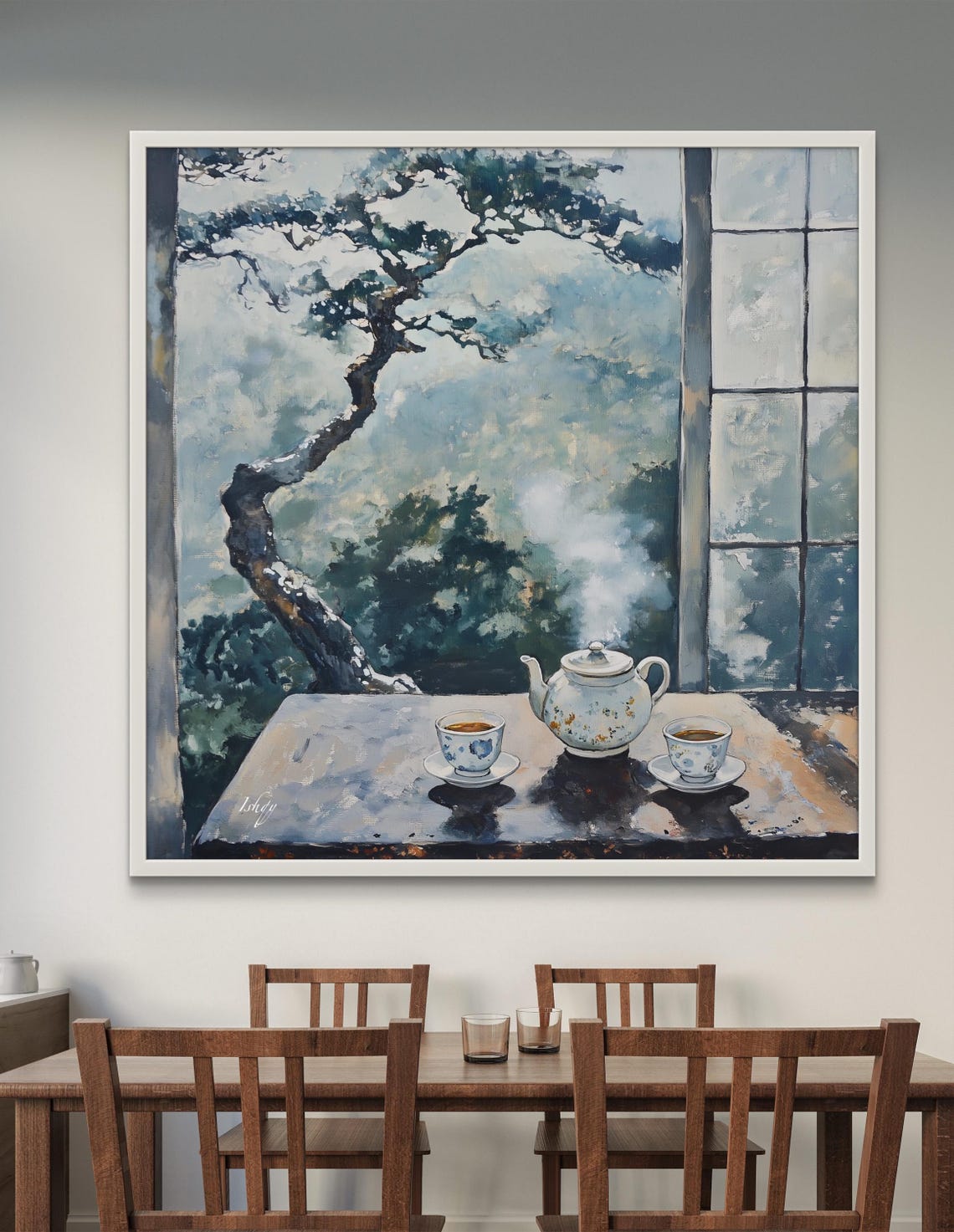 Serene Tea Time by the Window Pine Tree Mountain View Poster - Image 4