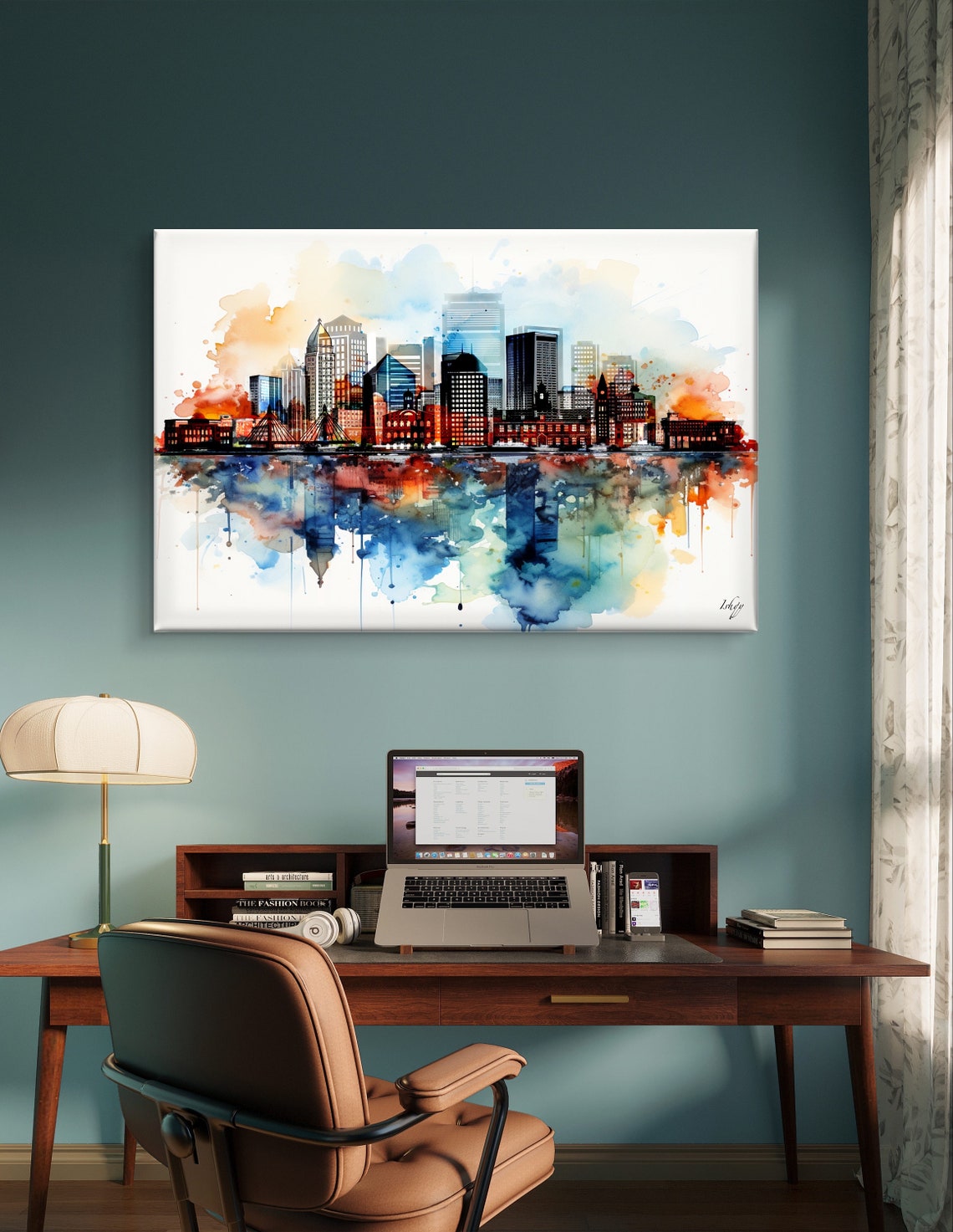 Boston Skyline Watercolor Cityscape Reflection Modern Poster - Image 6