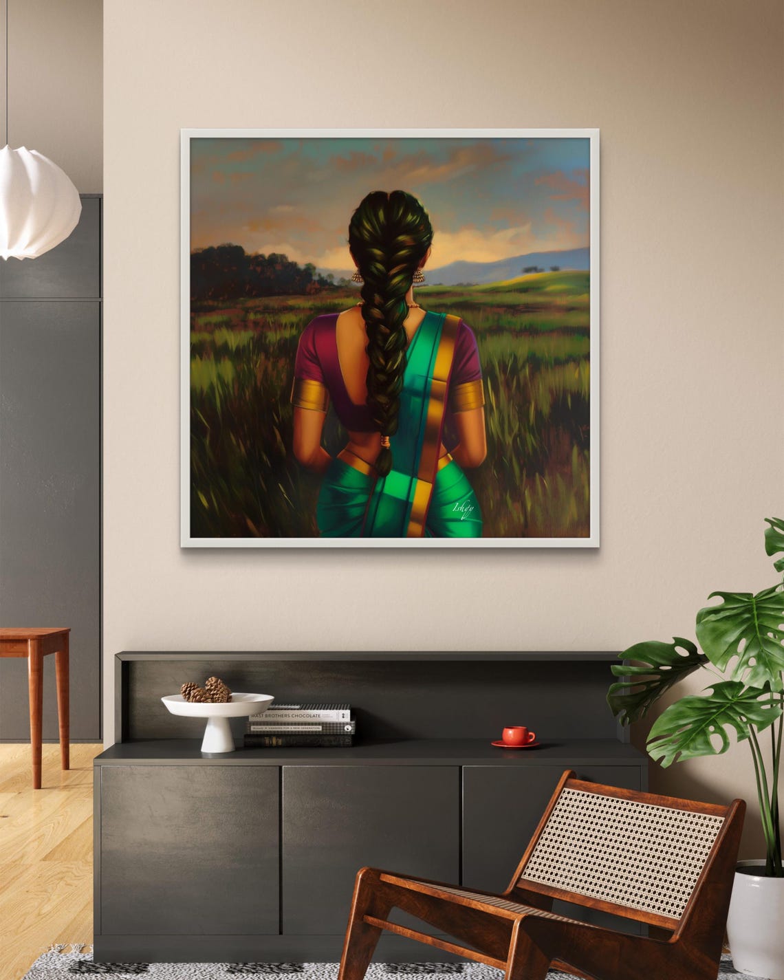 Woman in Green Saree Long Braid Golden Field Sunset Art Poster - Image 4