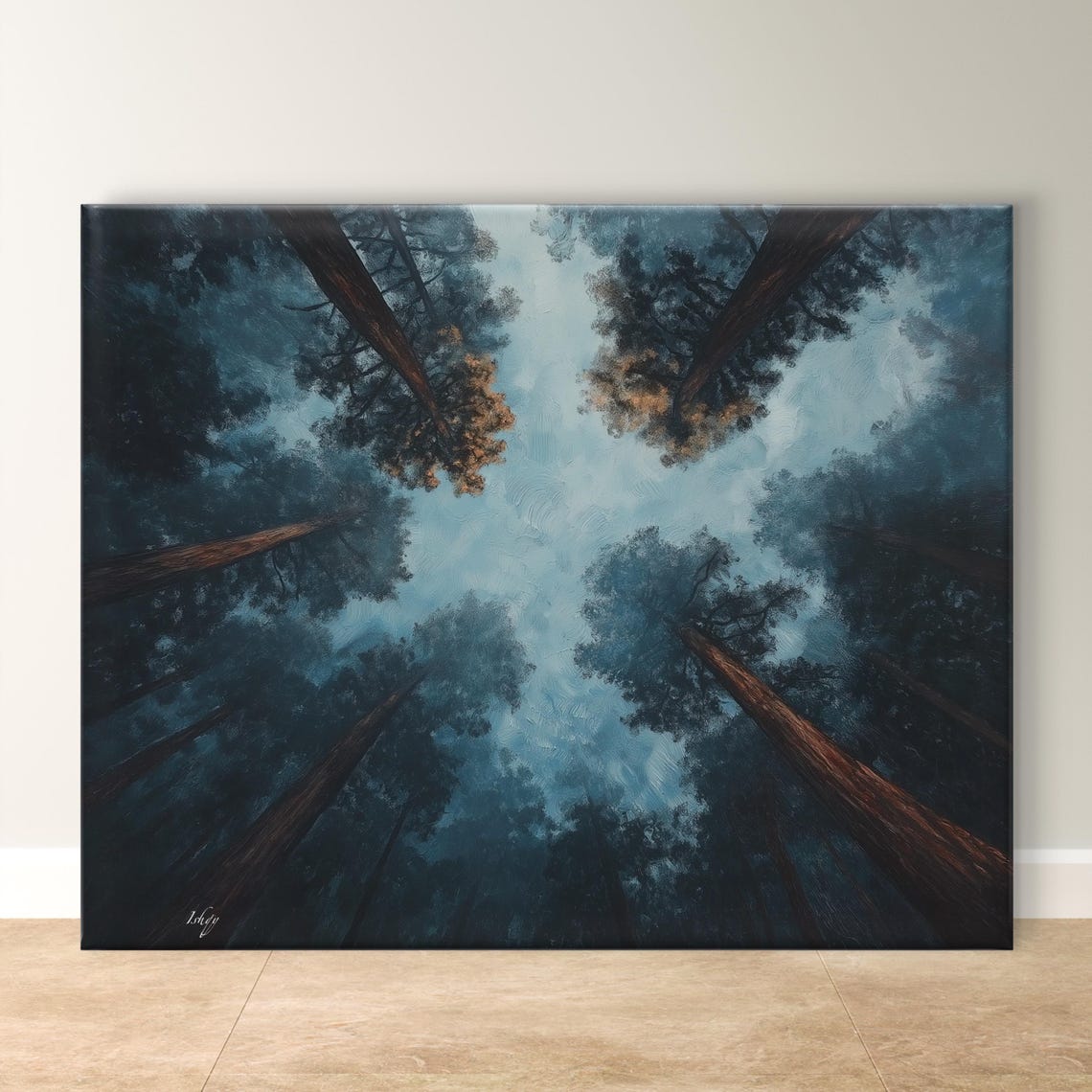 Soaring Redwoods Upward Canopy View Misty Blue Forest Scene Poster