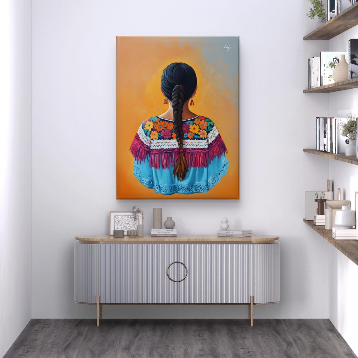 Oaxacan Woman in Colorful Embroidered Blouse Back View Poster - Image 7