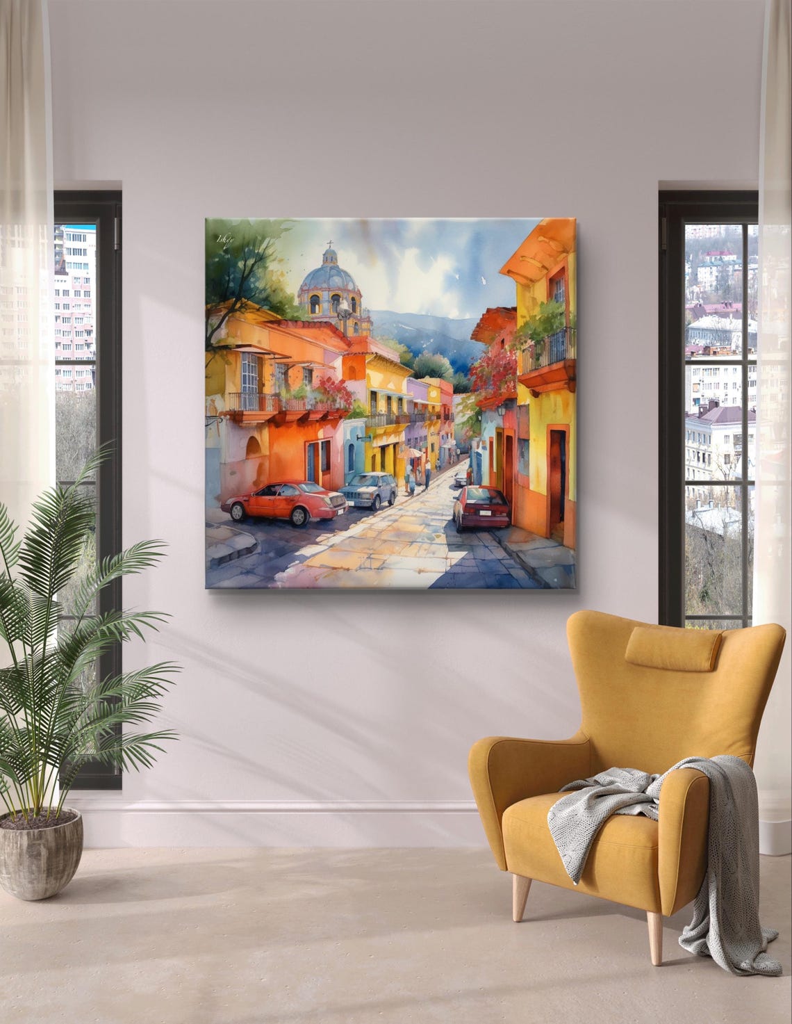 Jalisco Mexico Colorful Street with Church Dome Watercolor Poster - Image 6