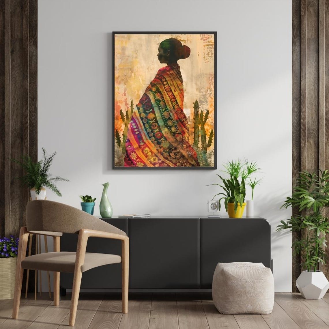 Mexican Woman in Profile with Embroidered Serape and Cacti Poster - Image 2