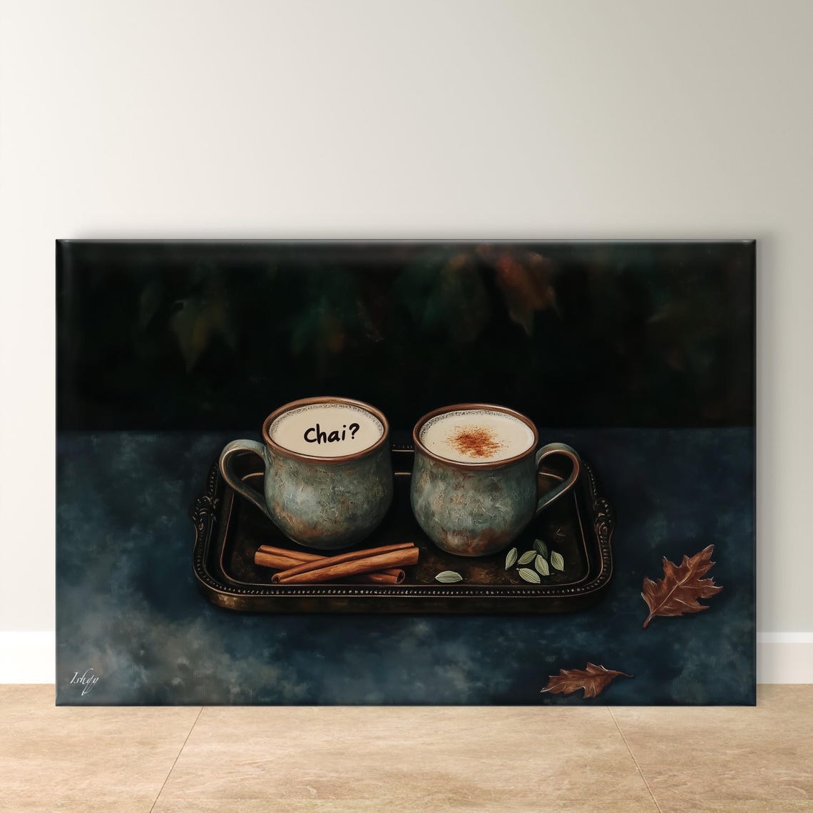 Two Steaming Chai Mugs Cinnamon Sticks Autumn Leaves Kitchen Poster