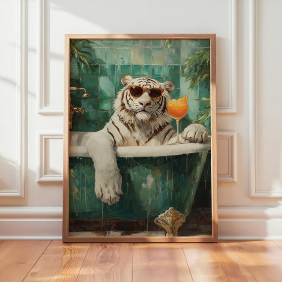 White Tiger Wall Art Funny Bathtub Print Quirky Bathroom Humor Poster Cocktail Artwork Oilpaint Style