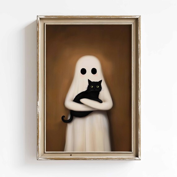 Cute And Cat Halloween Dark Academia Art Spooky Wall Oil Painting Gothic Print