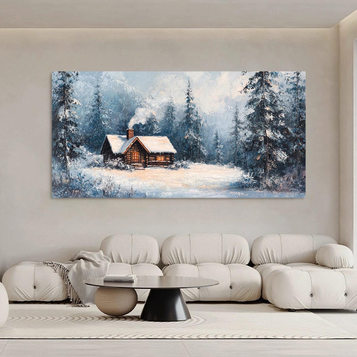 Snowy Cabin Winter Forest Cozy Smoke Chimney Warm Lights Poster - Image 2