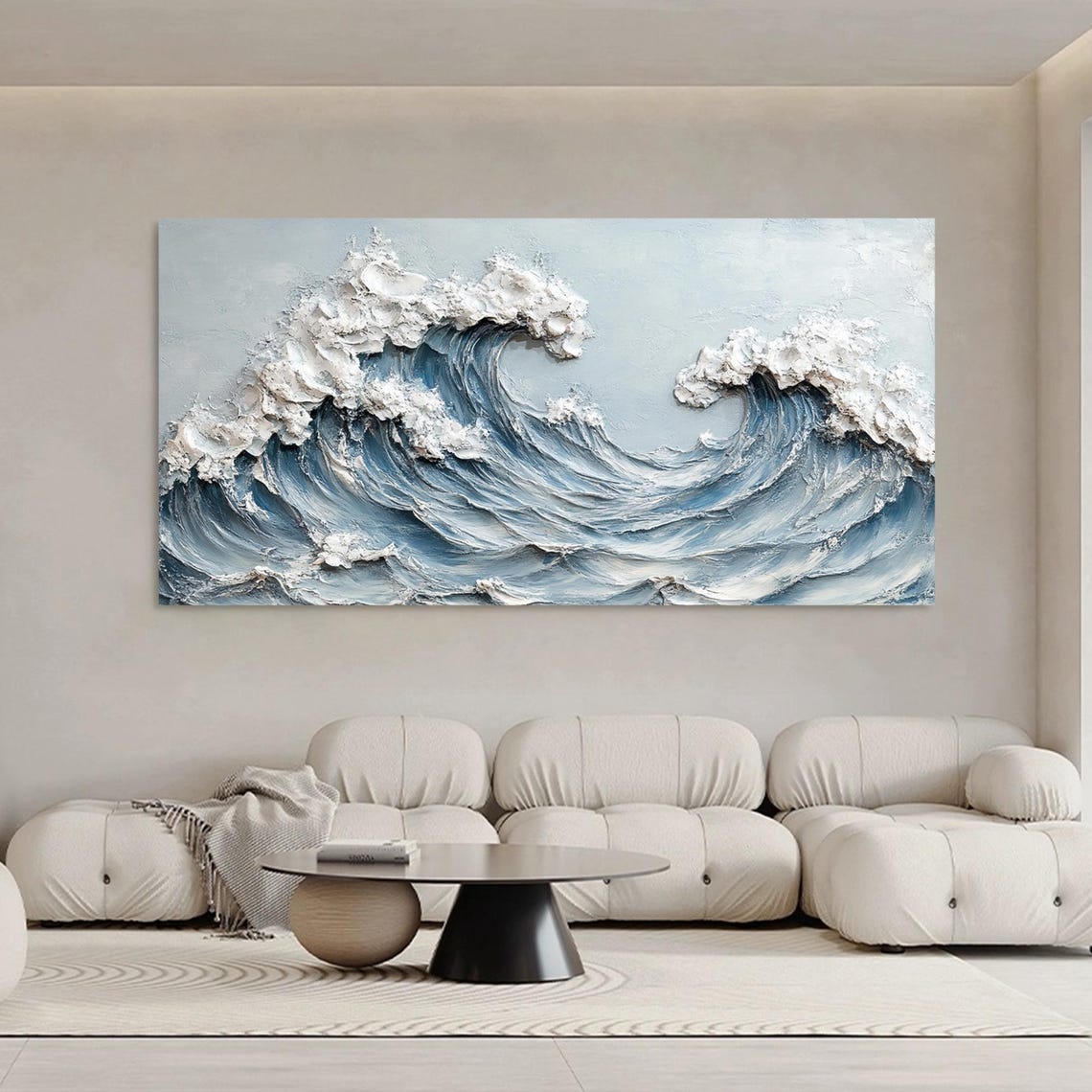 Crashing Ocean Waves Blue Impasto Textured Seascape Panoramic Poster - Image 2