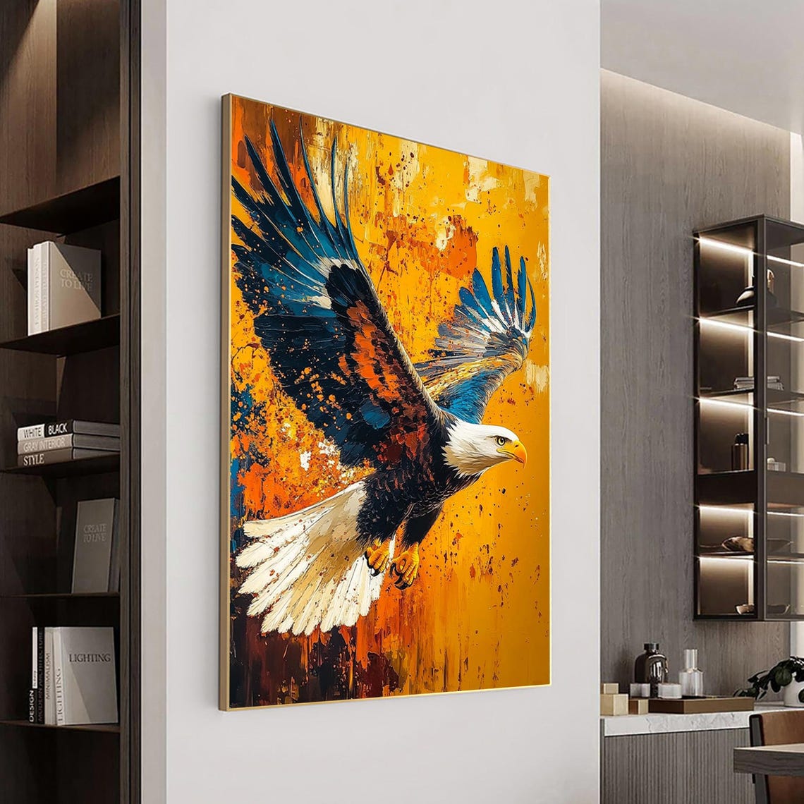 Bald Eagle Diving Colorful Wings Orange Abstract Painting Poster - Image 3