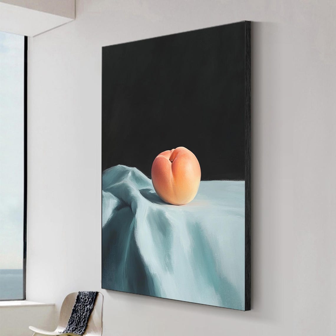 Single Peach On Blue Cloth Dark Background Still Life Poster - Image 2