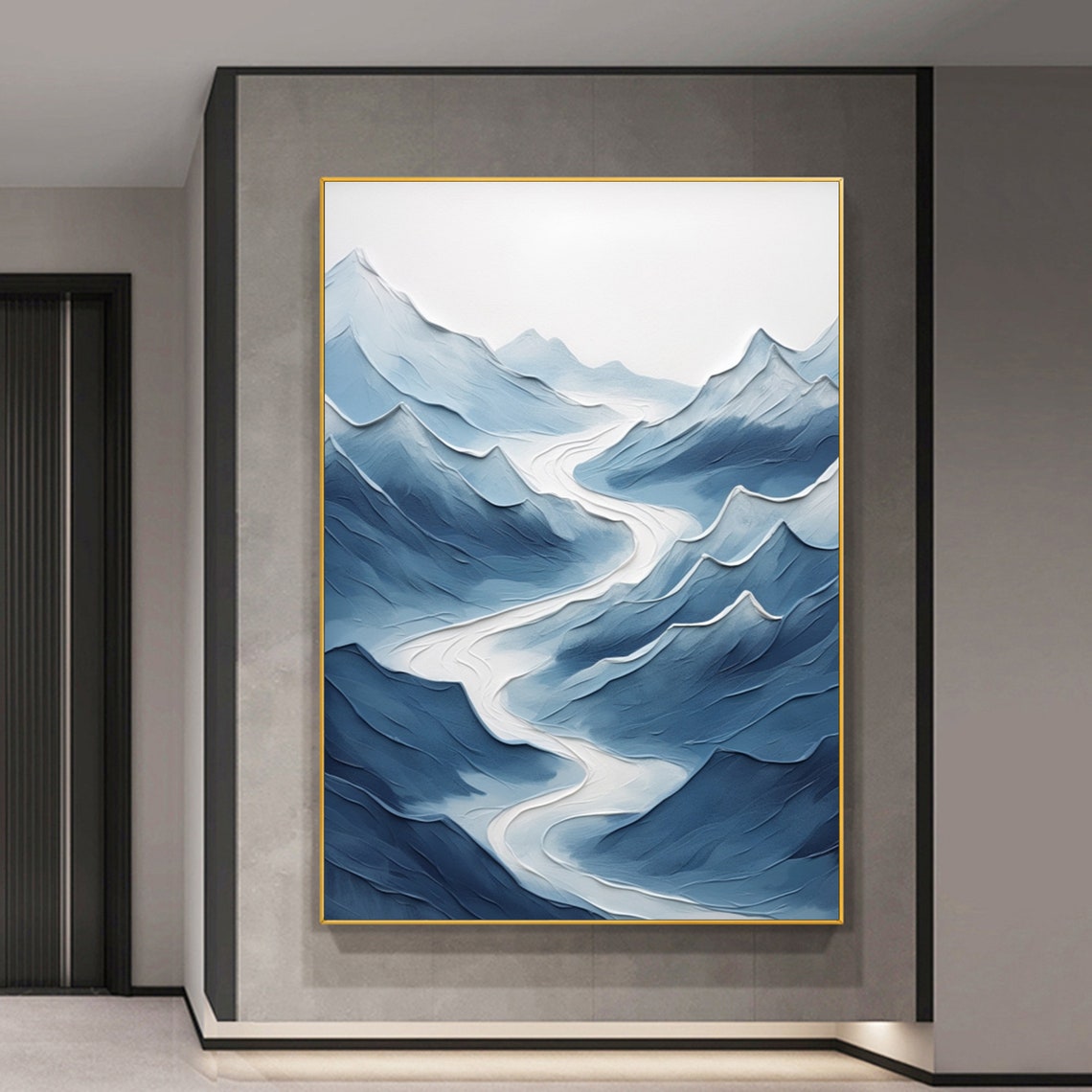 Blue Mountain River Landscape White Path 3D Texture Art Poster - Image 3