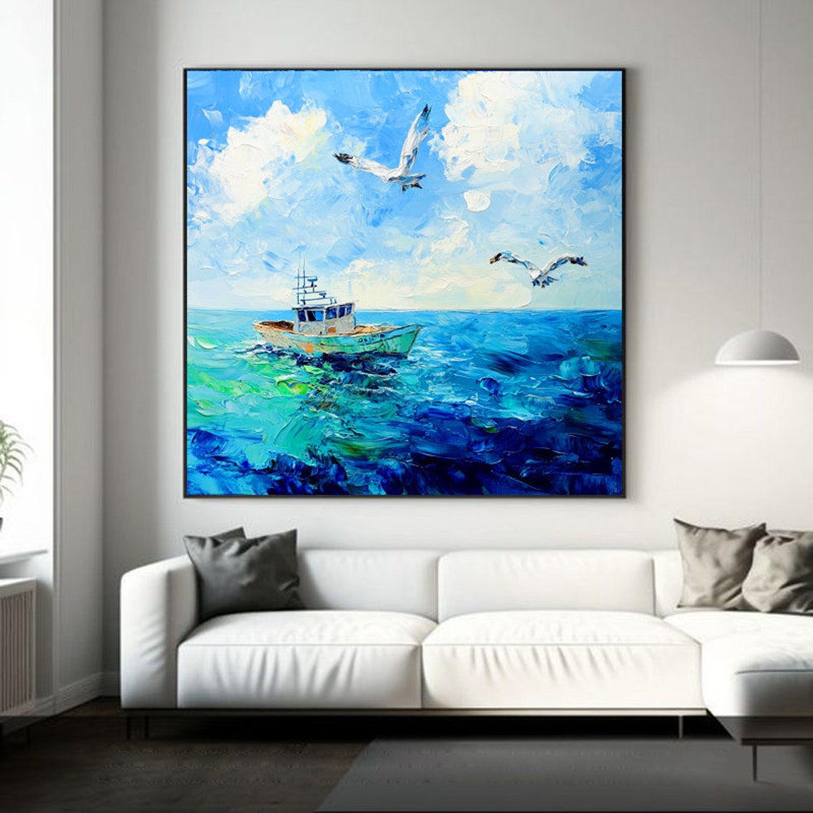 Fishing Boat and Seagulls on a Bright Blue Ocean Coastal Poster - Image 6