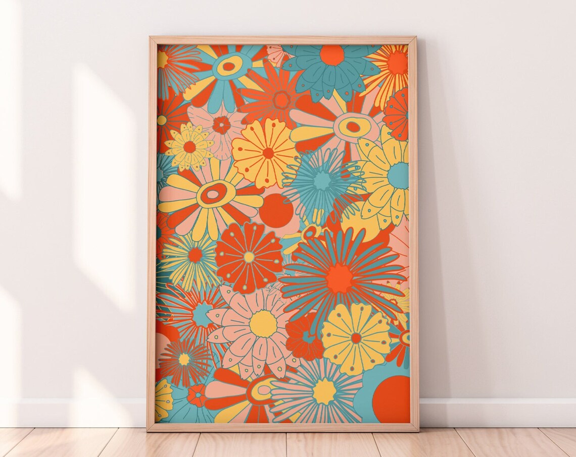 Retro 60s 70s Flower Art Print, Botanical Floral