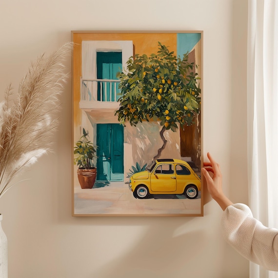 Yellow Classic Italian Car At Amalfi Coast Lemon Tree Travel Poster