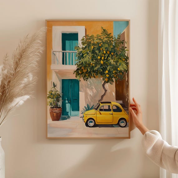 Yellow Italian Car Wall Art Mediterranean Lemon Tree Print Amalfi Coast Poster Coastal Travel Decor