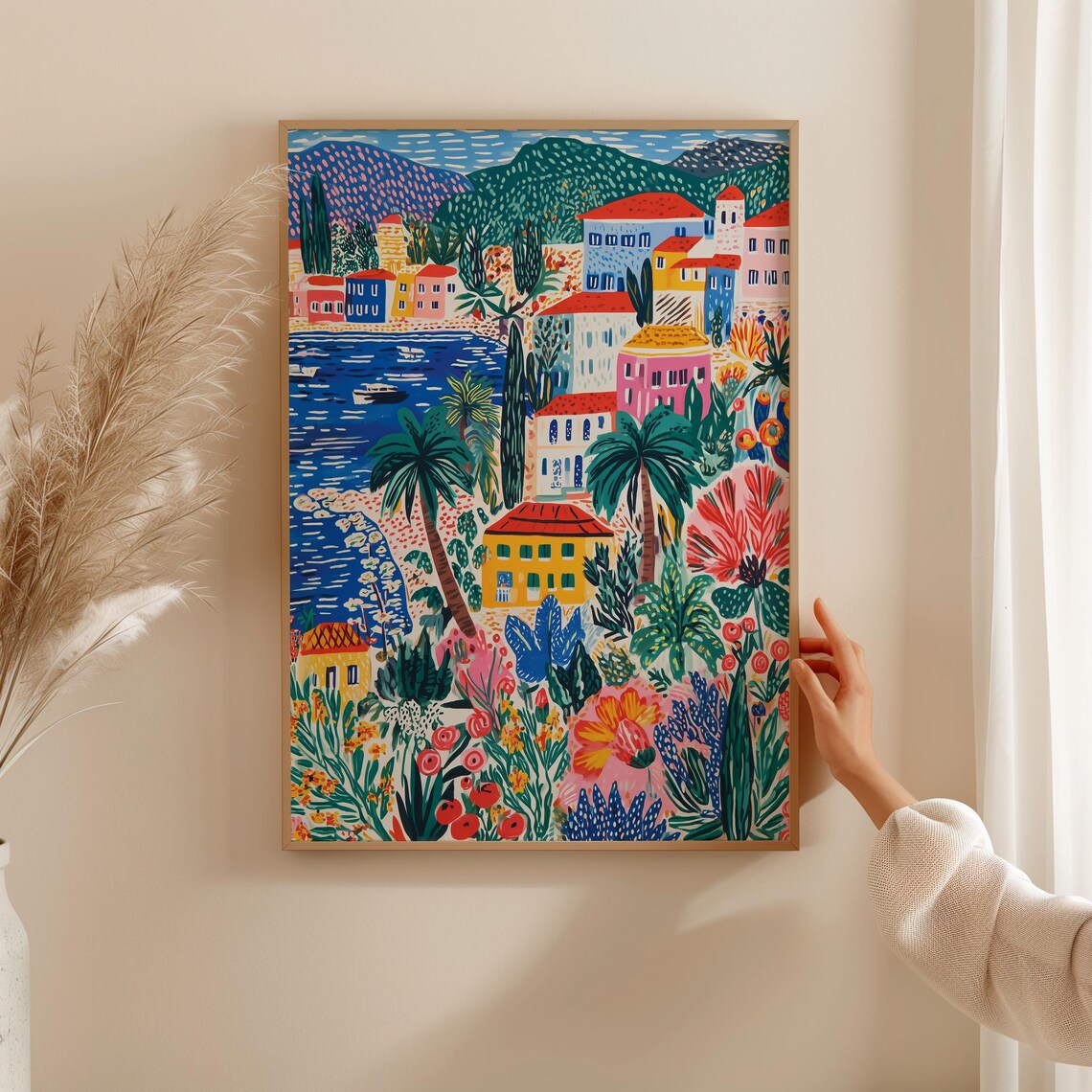 Colorful Mediterranean Coastal Village Seaside Floral Art Poster