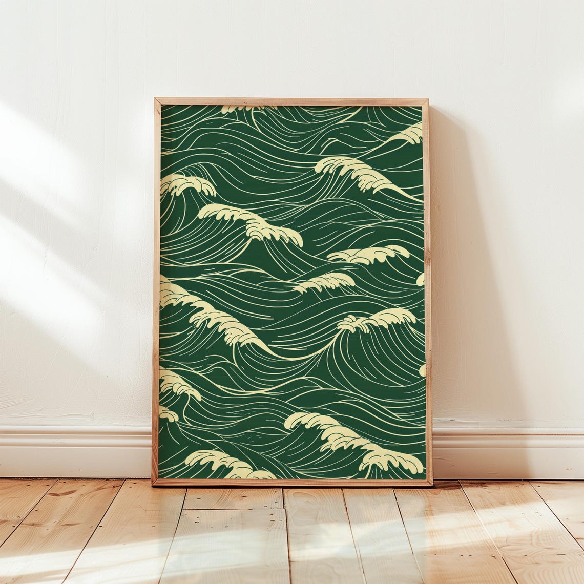 Minimalist Japanese Ocean Wave Pattern Sage Green Coastal Poster