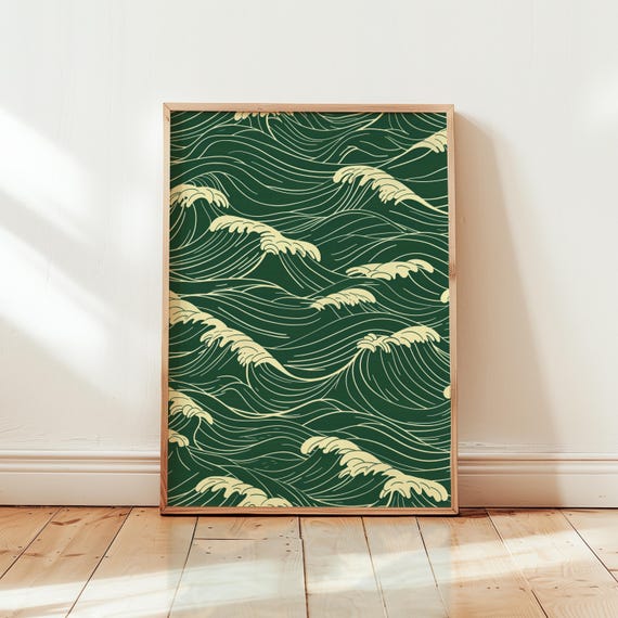 Minimalist Japanese Wave Pattern Japandi Modern Coastal Print Sage Green Wall Art Wabi Sabi Elegant Decor 109