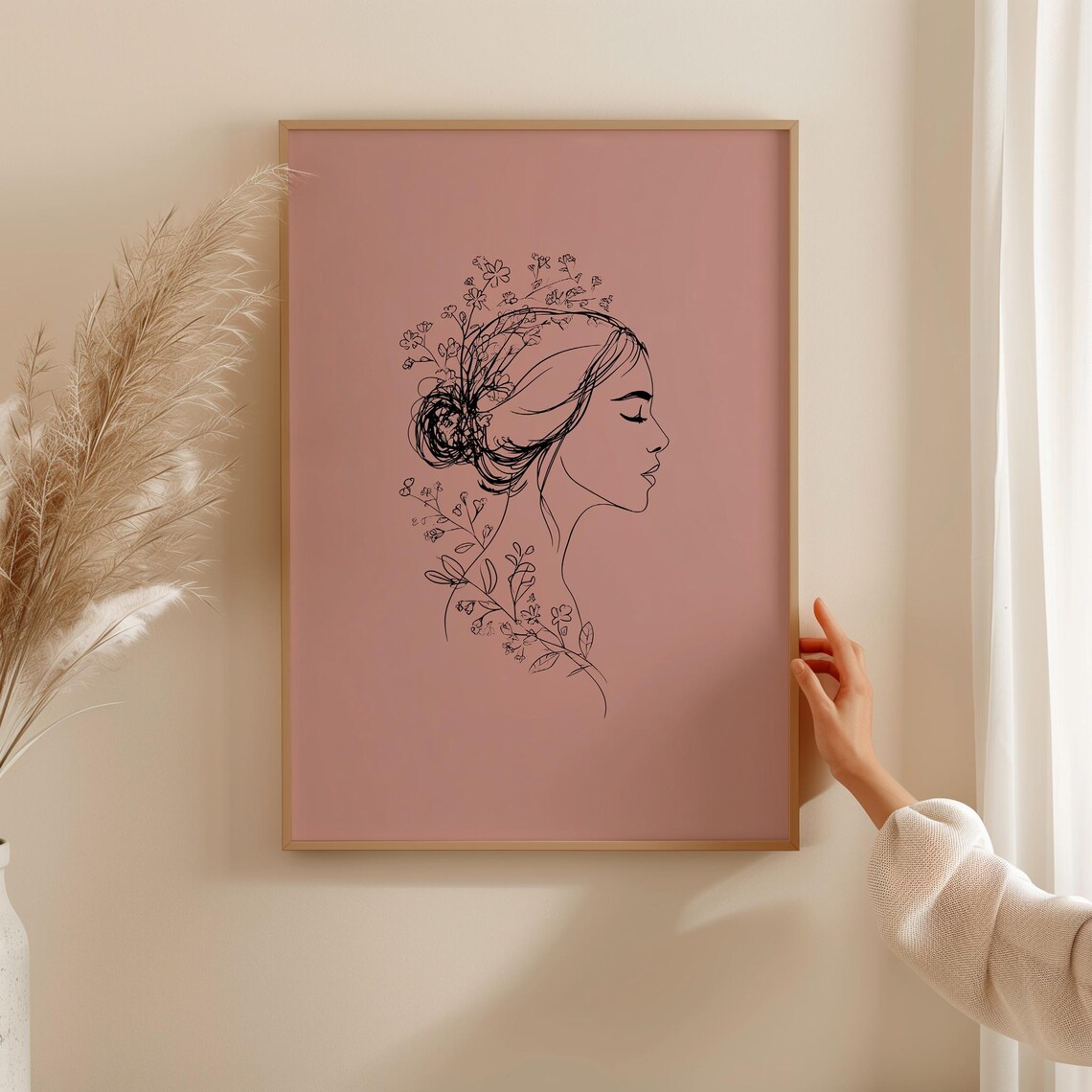Minimalist Woman Line Art Print, Botanical Boho