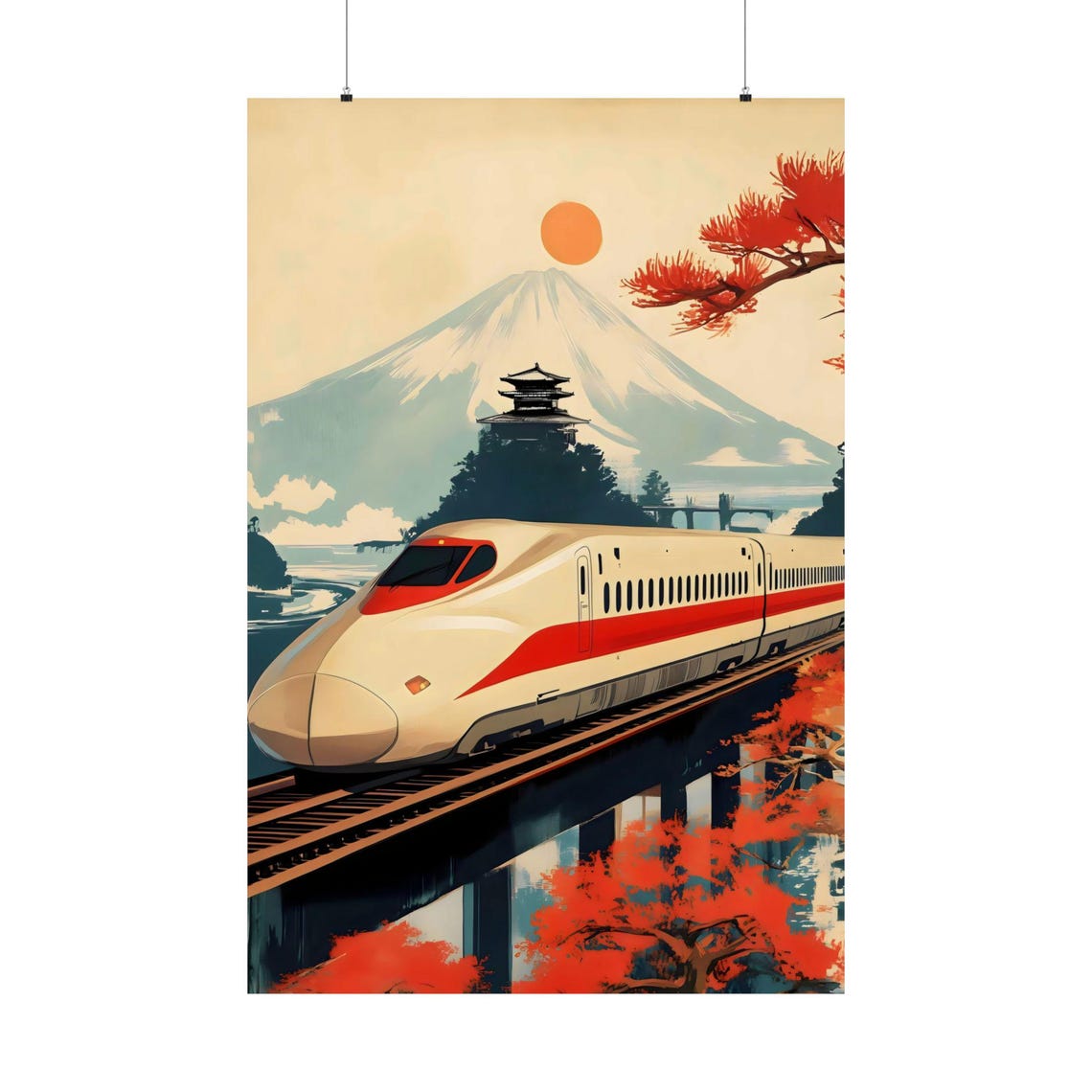 Shinkansen Bullet Train Autumn Maple Mt Fuji Pagoda Art Poster