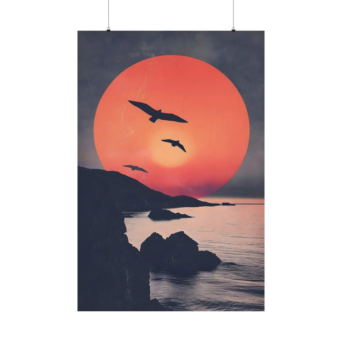 Giant Orange Sun Seagull Coastal Cliffs Retro Sunset Wall Art