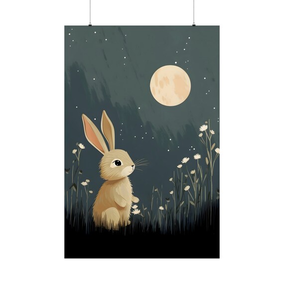 Moon Rabbit Poster 2 Sweet Baby Room Decor Magical Nursery Wall Art Into The Starry Night Print Flowery Meadow Decoration Gift For Girl