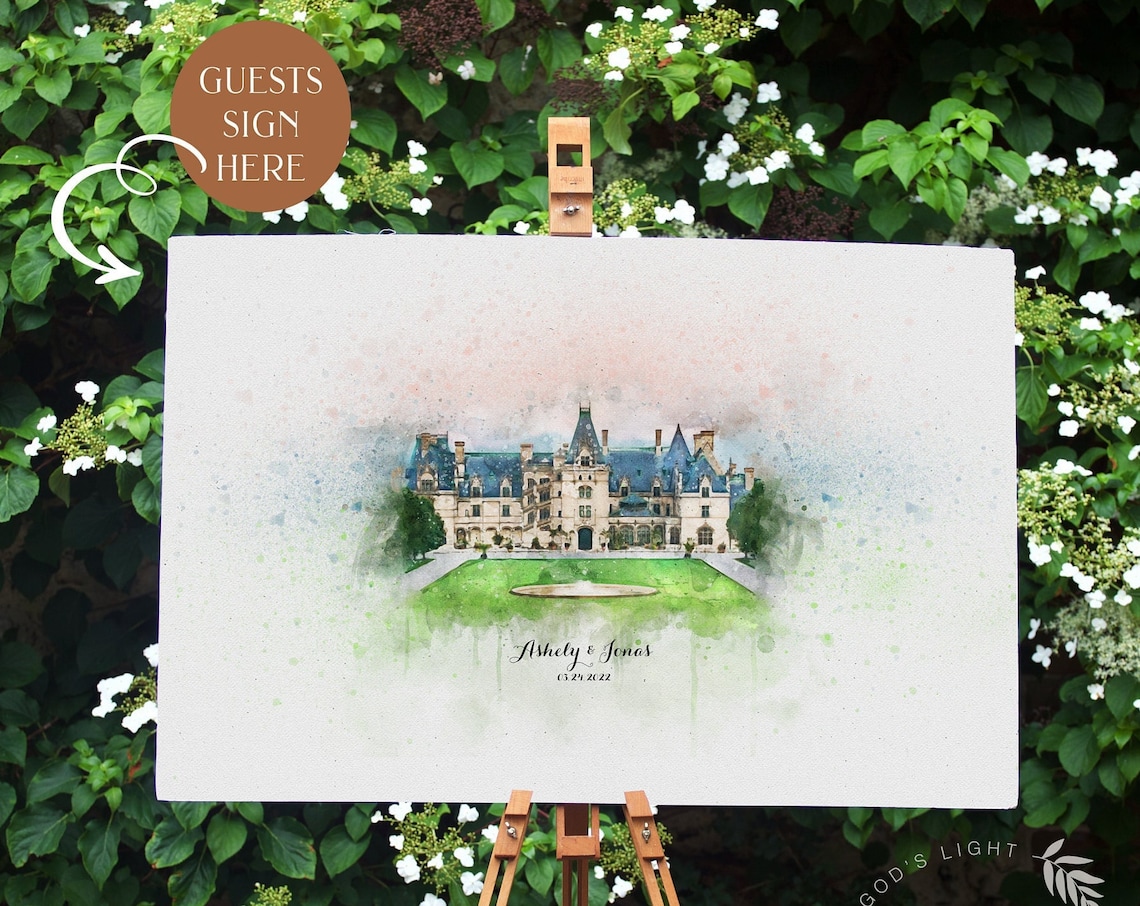 Custom Watercolor Wedding Venue Portrait, Guestbook Ideas - Image 4