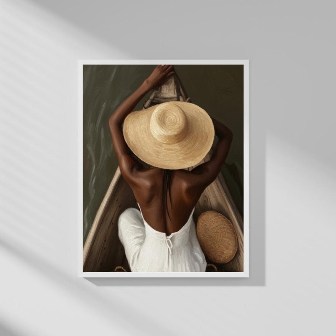 Woman Rowing Boat Straw Hat From Above Summer Travel Art Poster