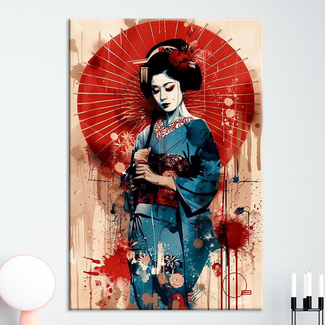 Geisha Woman With Red Umbrella Blue Kimono Japanese Splash Paint Print