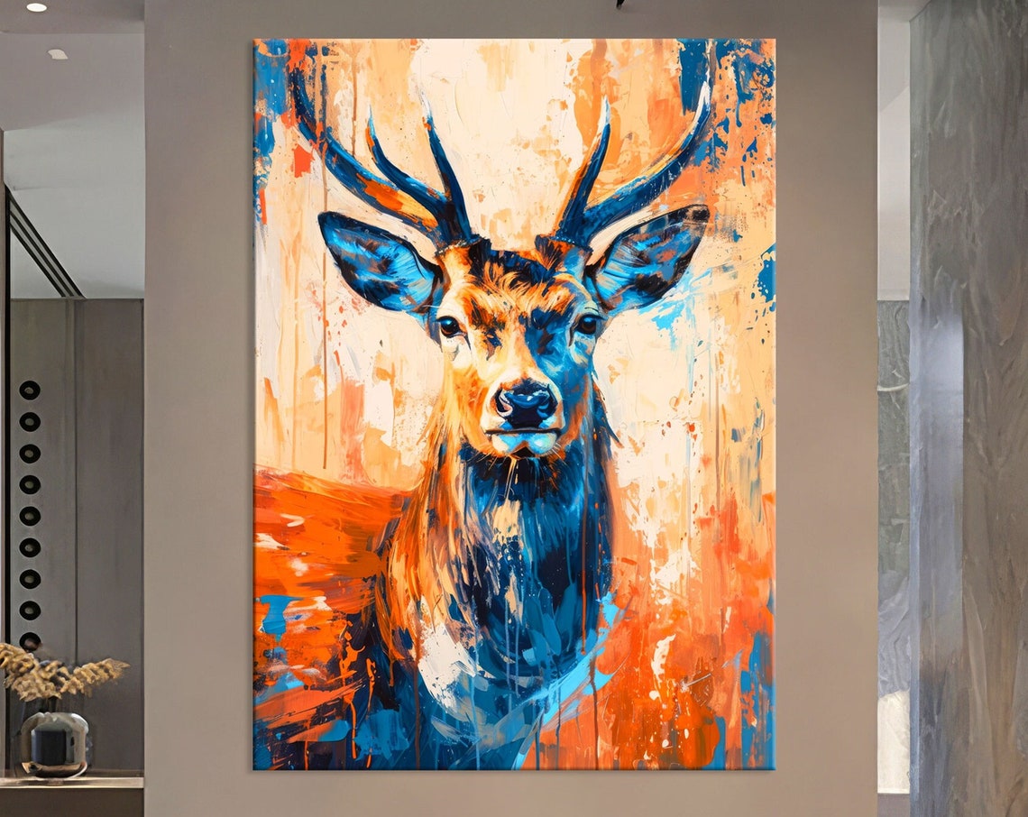 Vivid Blue and Orange Stag Portrait Poster in Abstract Painting Style