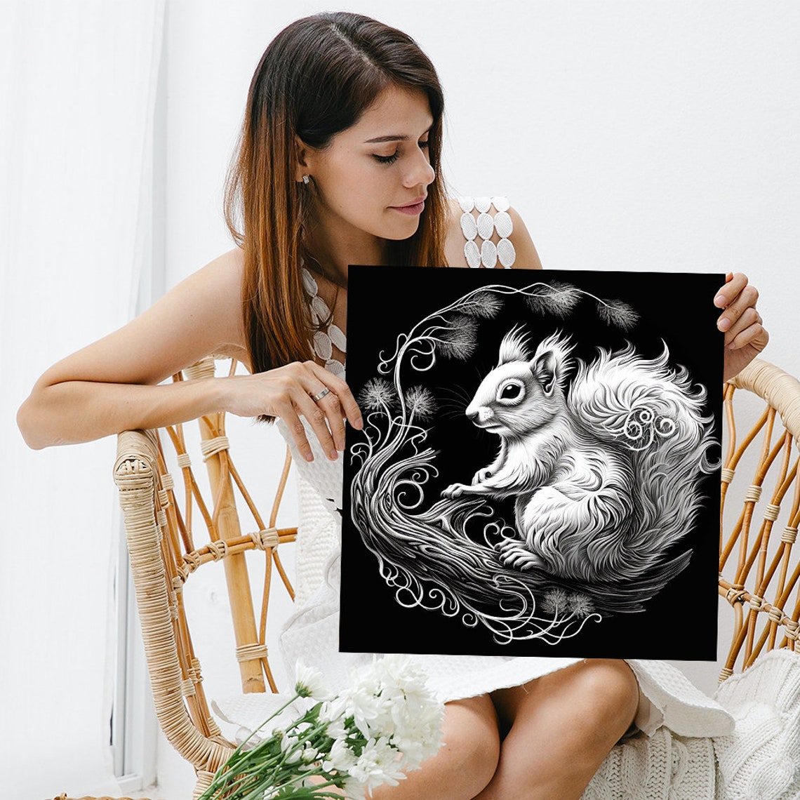 White Squirrel Line Art on Black Whimsical Forest Creature Wall Poster - Image 3