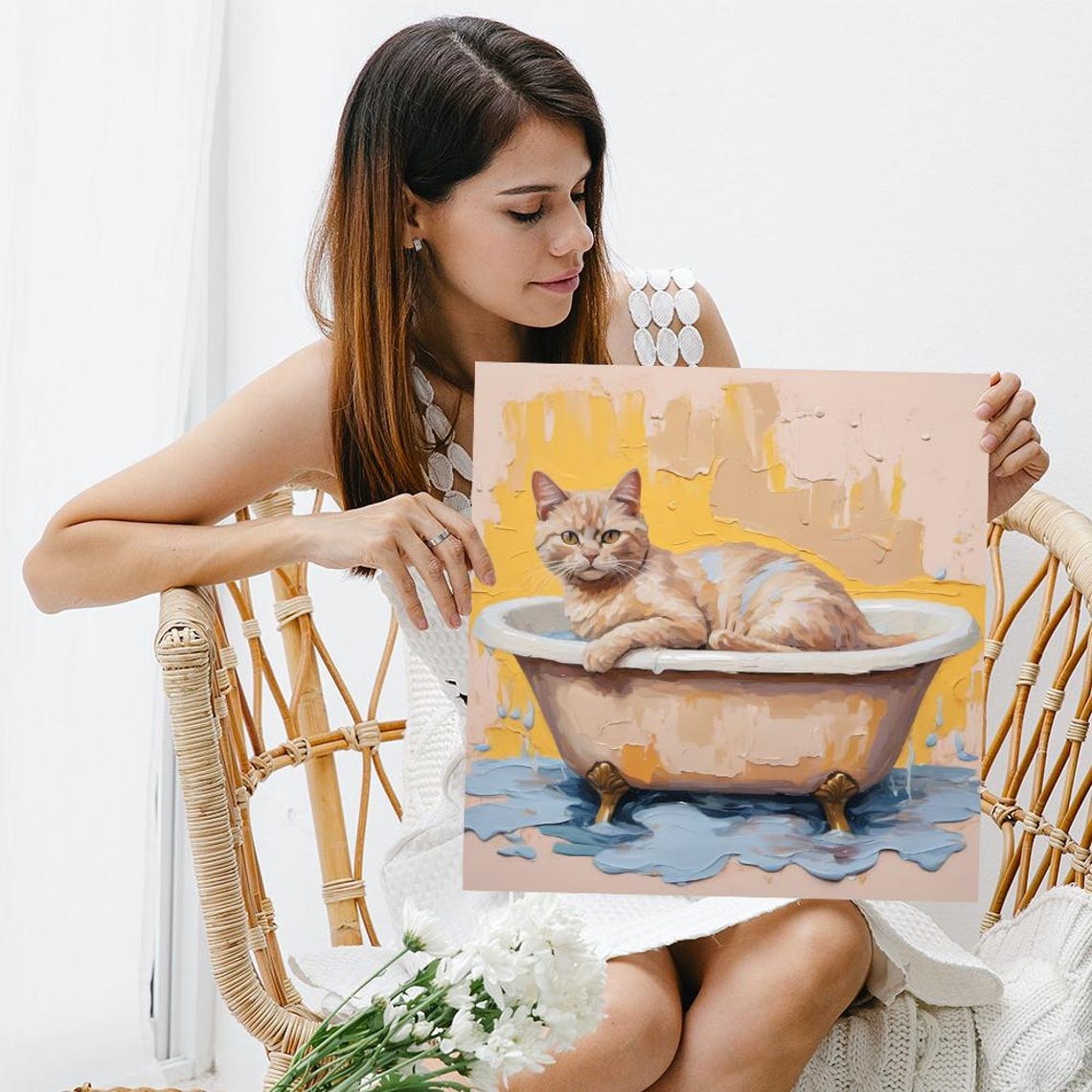 Orange Tabby Cat in Clawfoot Bathtub Painterly Bathroom Wall Poster - Image 3