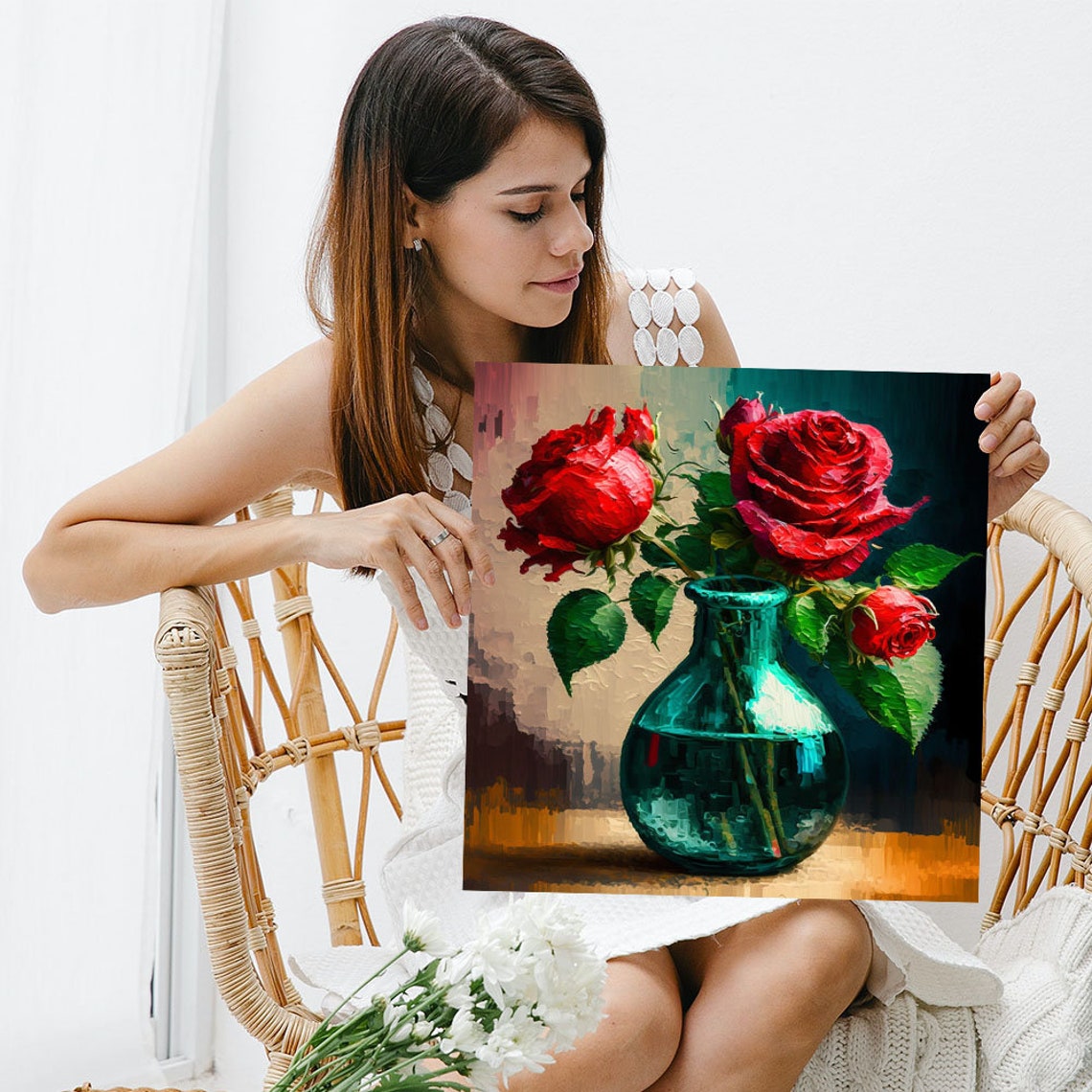 Red Roses Teal Glass Bud Vase Romantic Impressionist Flower Poster - Image 3