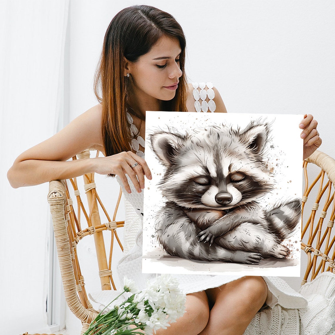 Sleeping Baby Raccoon Watercolor Sketch Cute Nursery Wall Poster - Image 3