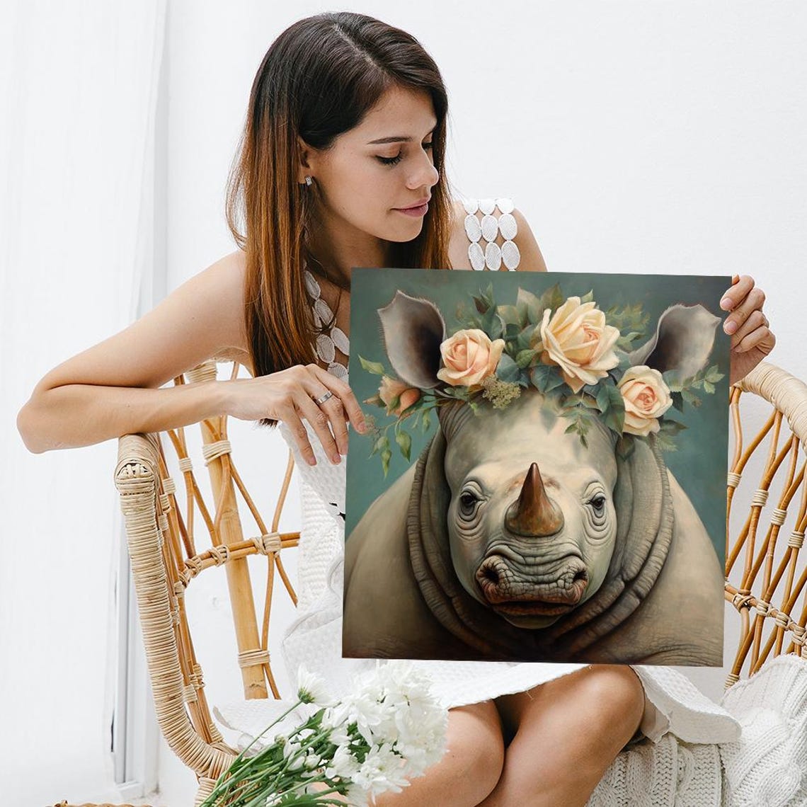Rhino With Peach Rose Floral Crown Teal Background Whimsical Poster - Image 3