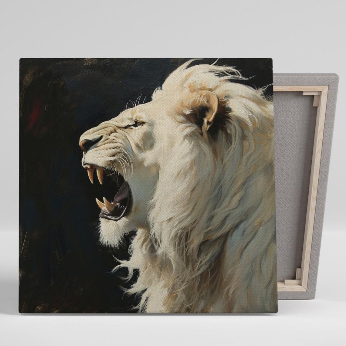 Majestic White Lion Roar Dramatic Oil Painting Dark Background Art Poster