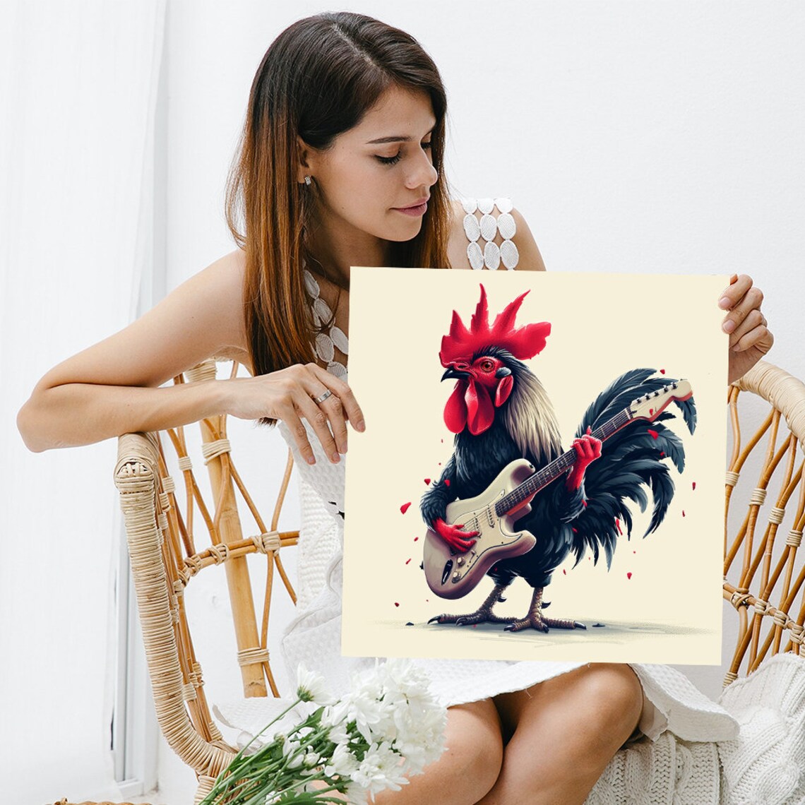 Rockstar Rooster Playing Electric Guitar Fun Retro Music Poster - Image 3