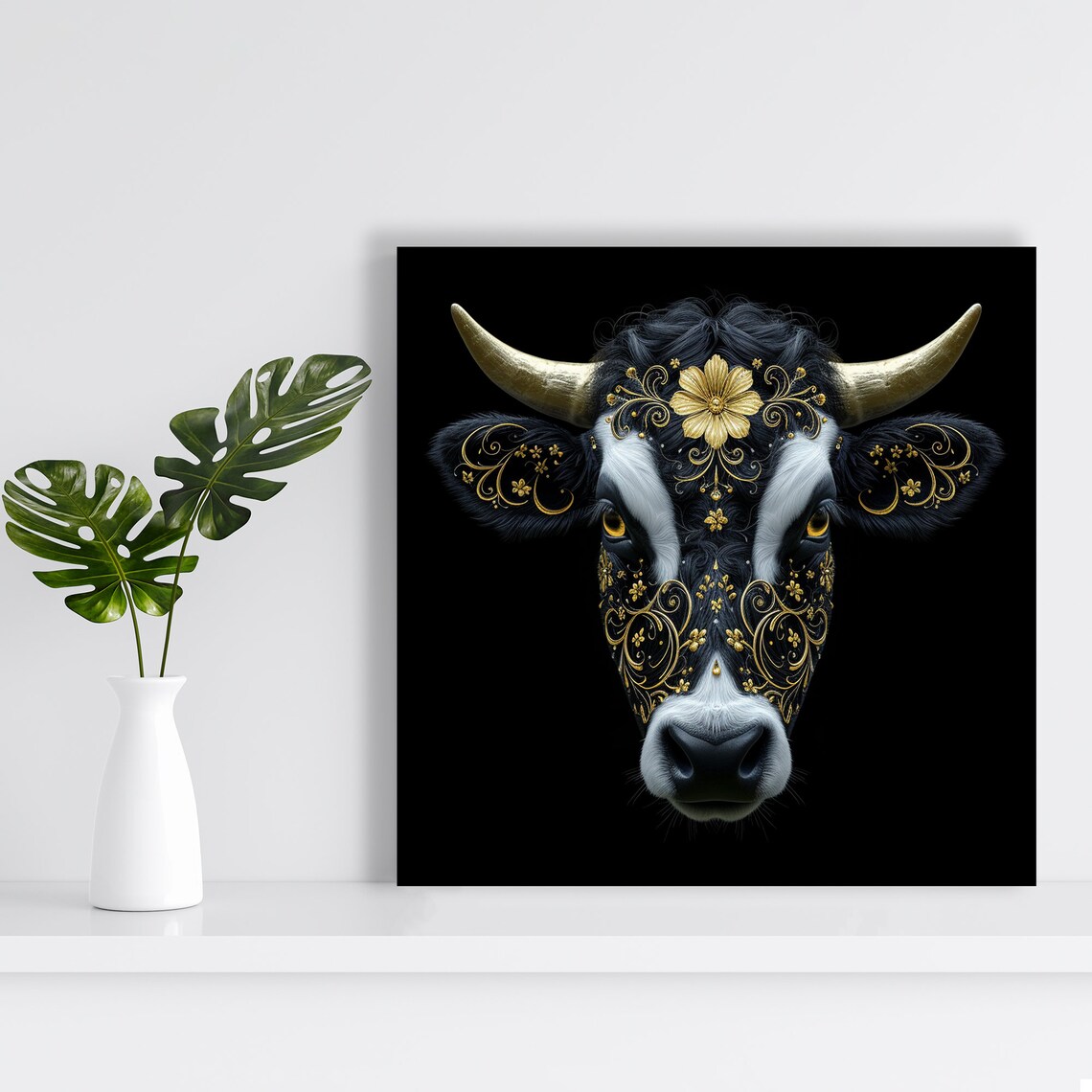 Golden Cow Glam Portrait Gold Horns Floral Black Luxury Animal Poster - Image 2