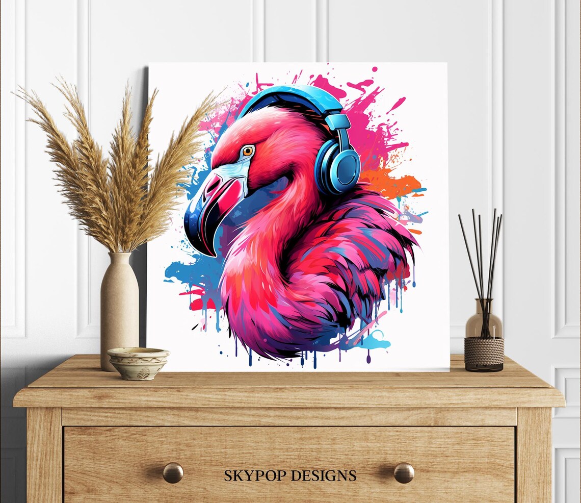 Pink Flamingo DJ Headphones Splash Colorful Pop Wall Art Poster - Image 2