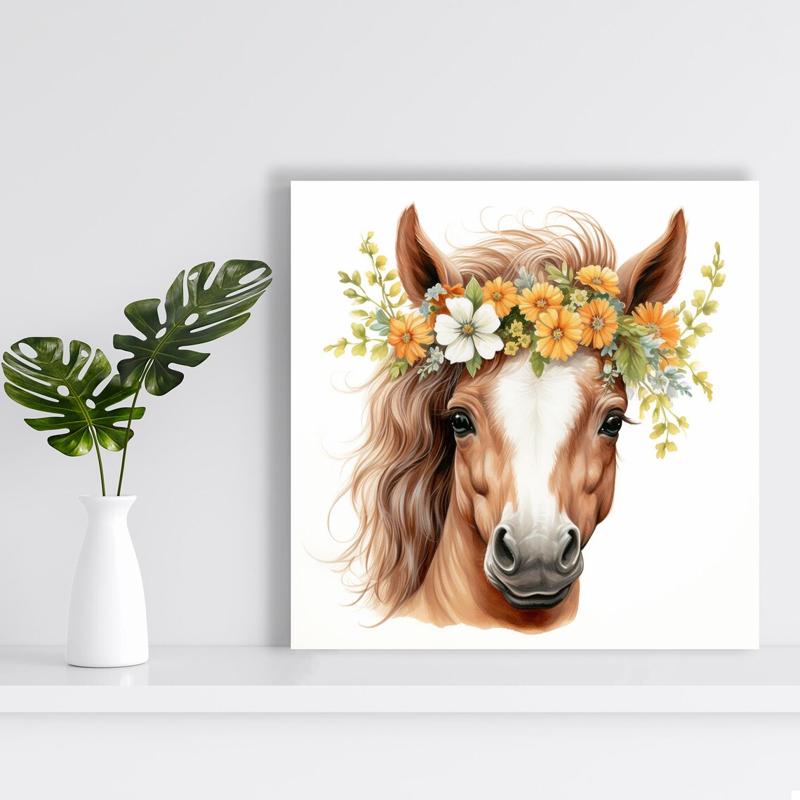 Chestnut Horse With Orange Floral Crown Watercolor Farmhouse Poster - Image 2