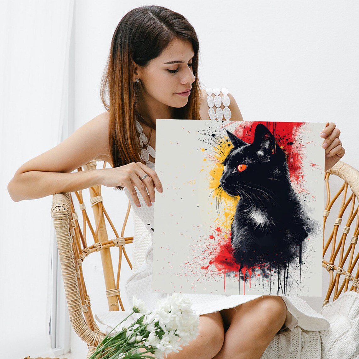 Black Cat Fiery Red Yellow Splash Moody Street Art Wall Poster - Image 3